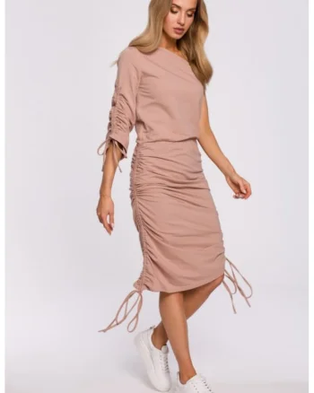 Rochie asimetrica, pe un umar,  Roz prafuit,