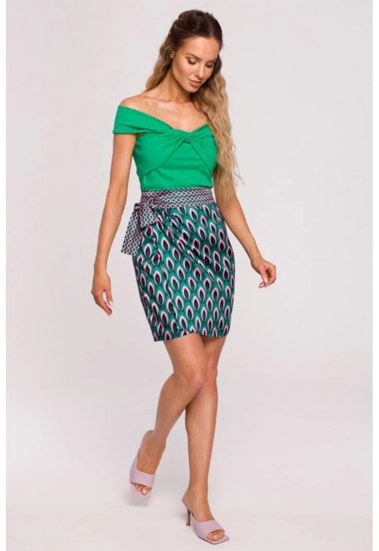 Fusta din satin cu imprimeu,, Verde