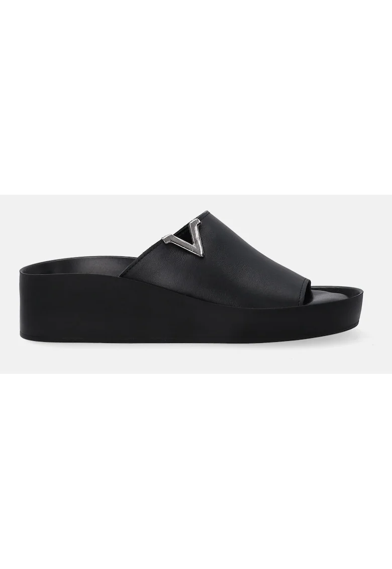 Papuci din piele cu talpa wedge si detaliu cu logo