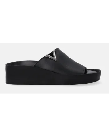 Papuci din piele cu talpa wedge si detaliu cu logo