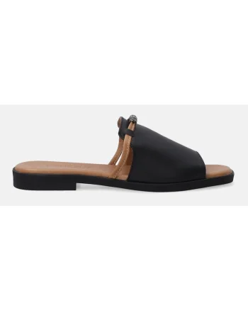 Papuci de dama  din piele neagra cu decor de cristal,