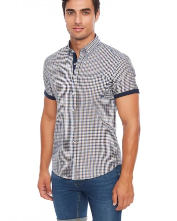 Camasa slim fit cu model, Galben/Albastru inchis