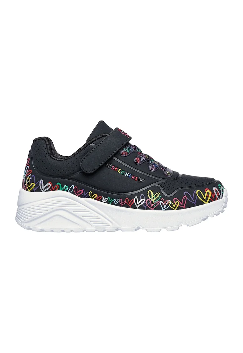 Pantofi sport Uno Lite- Heart Craze de piele ecologica cu model cu inimi, Negru/Galben/Alb optic