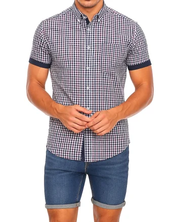 Camasa slim fit cu model, Albastru inchis/Rosu inchis