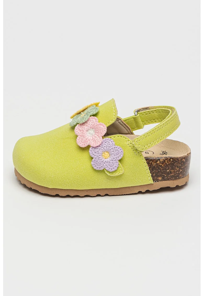 Papuci de piele ecologica cu flori 3D, Galben/Roz/Verde fistic