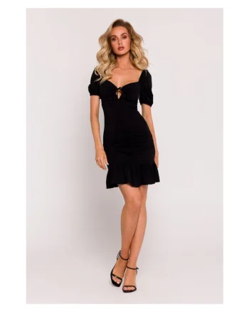 Rochie dama, mini cu cravata la decolteu, Poliester, 66677, Negru