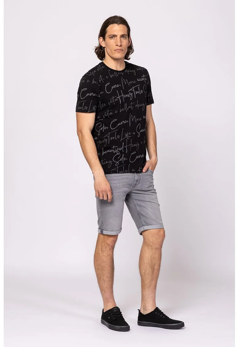 Tricou cu decolteu la baza gatului si imprimeu, Negru