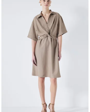 Rochie mini din amestec de in cu maneci medii, Maro taupe