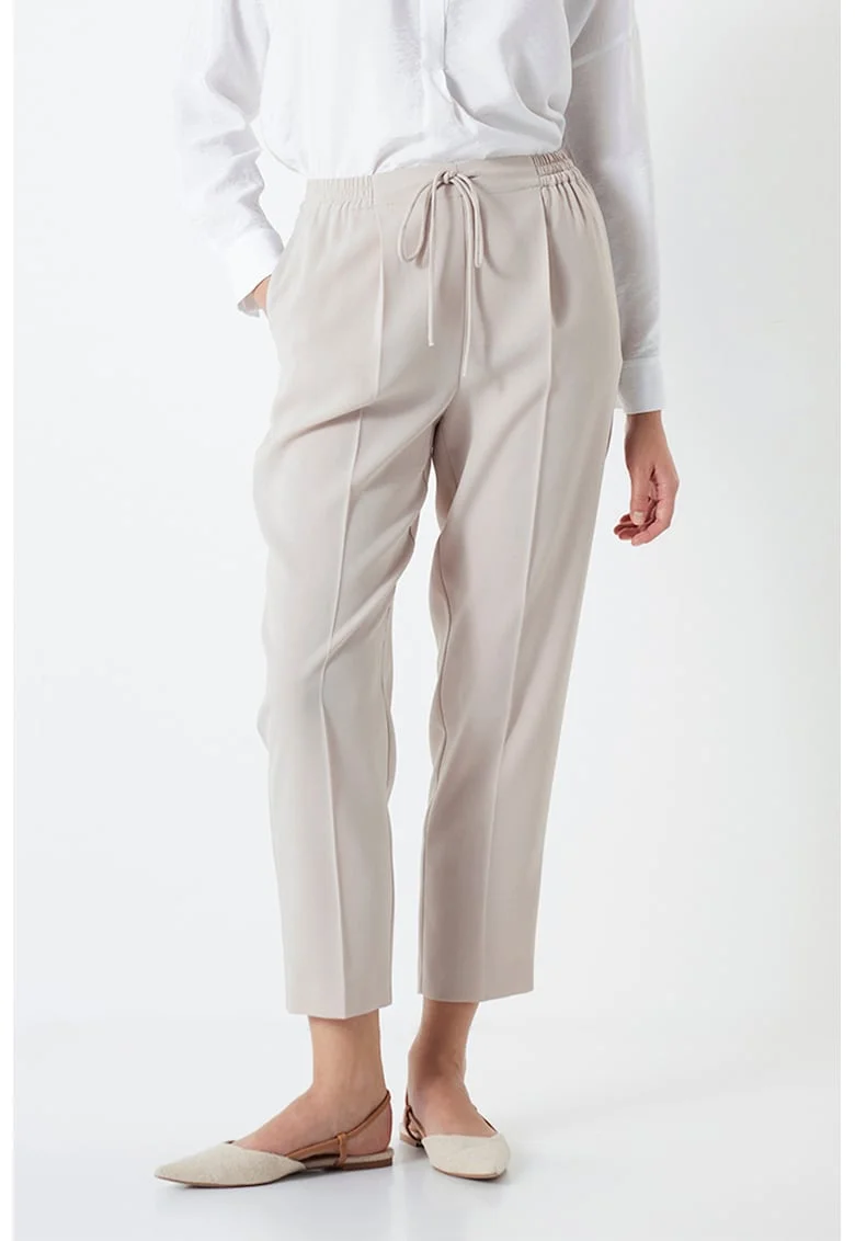 Pantaloni crop cu talie ajustabila, Maro taupe deschis