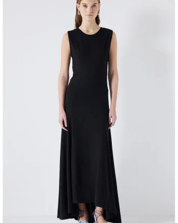 Rochie midi evazata cu terminatie asimetrica, Negru
