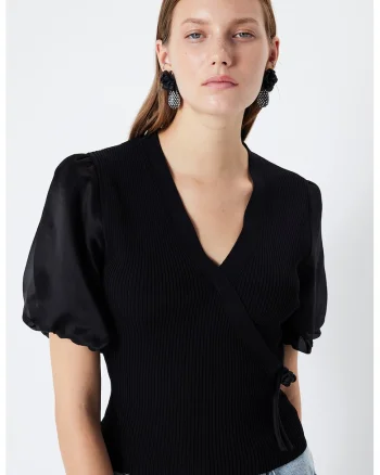 Bluza cu decolteu in V si maneci bufante, Negru/Negru stins