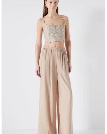 Pantaloni cu croiala ampla si talie elastica, Maro camel