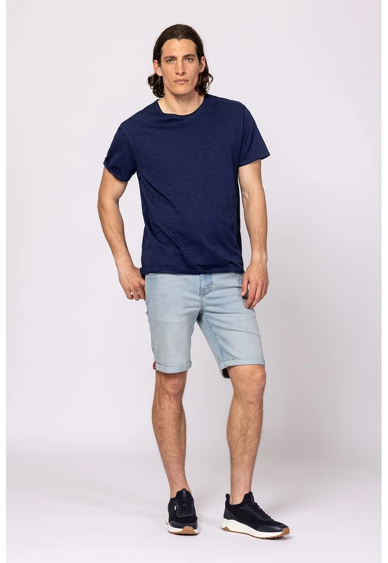 Tricou din bumbac cu decolteu la baza gatului, Albastru inchis