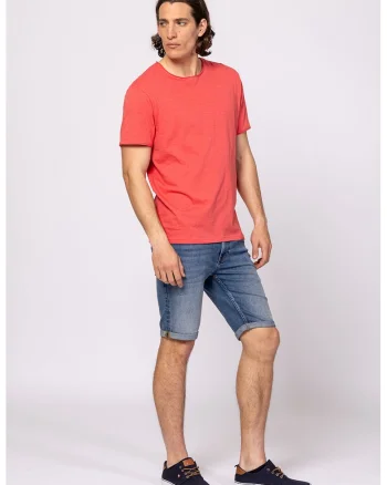 Tricou din bumbac cu decolteu la baza gatului, Coral