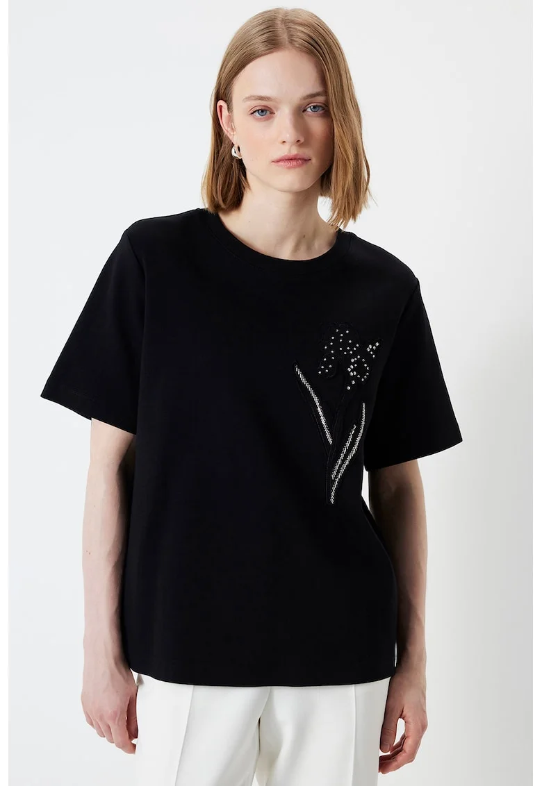 Tricou supradimensionat cu decolteu la baza gatului, Negru