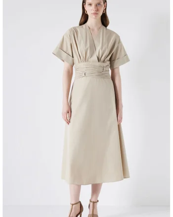 Rochie midi evazata, Bej deschis