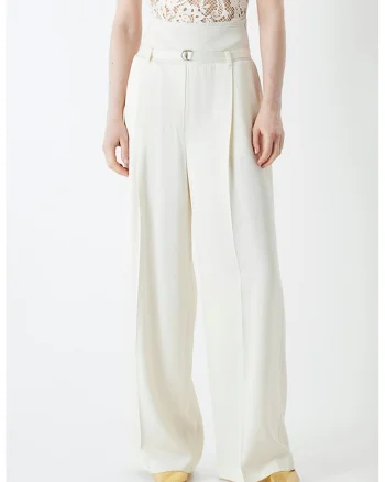 Pantaloni cu croiala ampla si curea skinny, Alb fildes