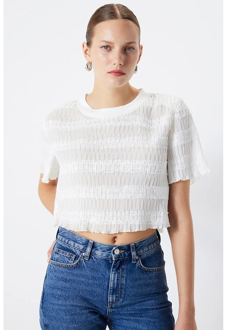 Bluza crop texturata, Alb