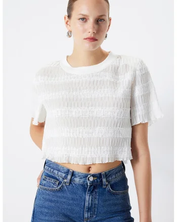 Bluza crop texturata, Alb