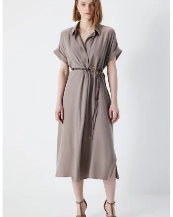 Rochie midi evazata cu catarama, Maro taupe