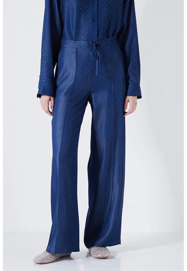 Pantaloni drepti cu snur de ajustare in talie, Bleumarin