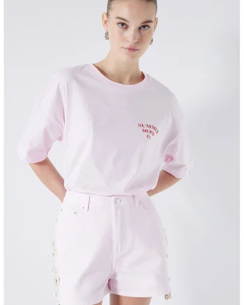 Pantaloni scurti cu broderii laterale, Roz pal
