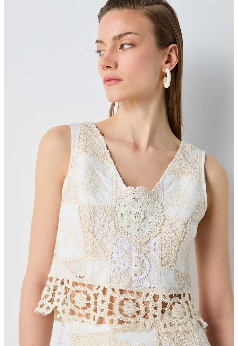 Bluza crop din dantela crosetata, Alb/Maro nisip