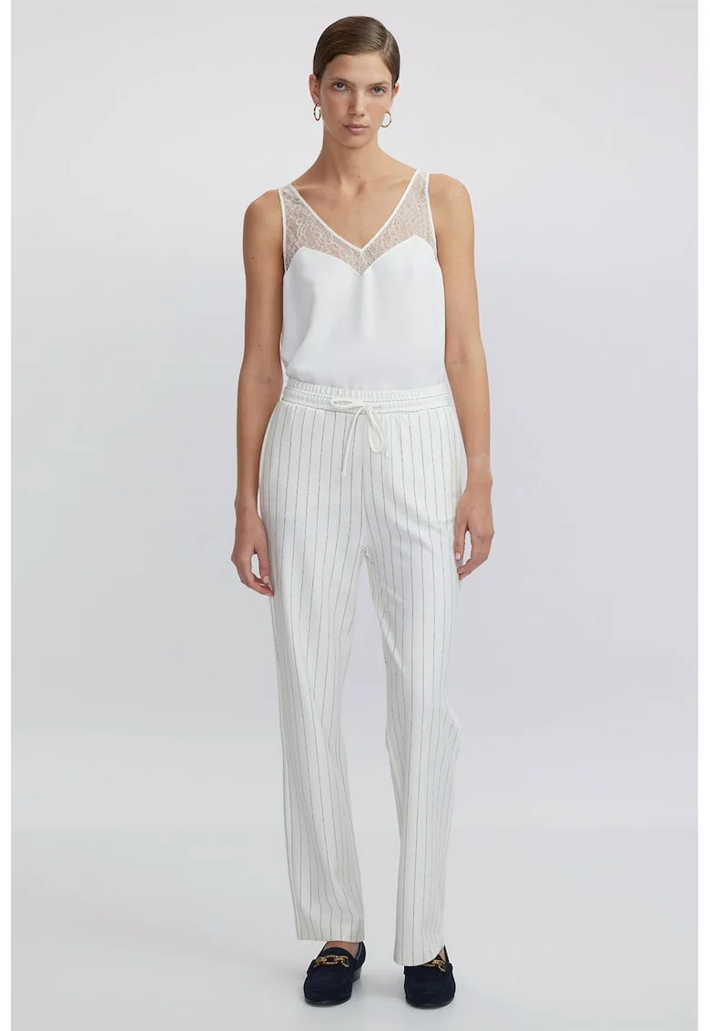 Pantaloni cu dungi discrete si talie ajustabila, Alb/Negru