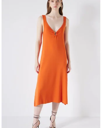Rochie midi cu decolteu in V, Portocaliu