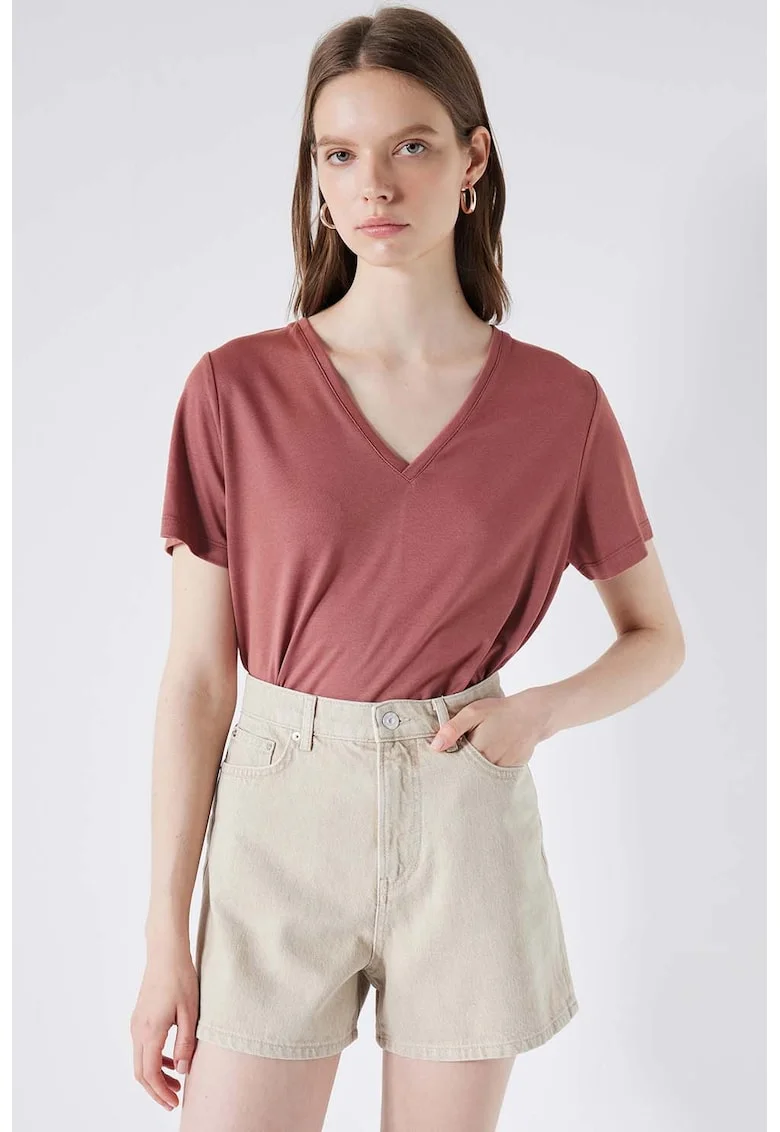 Tricou din amestec de modal cu decolteu in V, Rosu stins