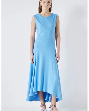 Rochie midi evazata cu terminatie asimetrica, Albastru glaciar