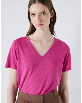 Tricou cu model uni si decolteu in V, Roz zmeuriu