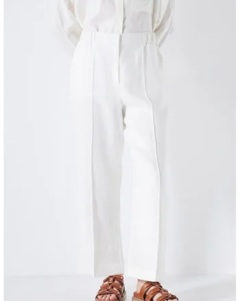 Pantaloni drepti de in cu pliuri, Alb