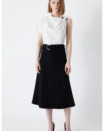 Rochie midi evazata cu catarama, Alb/Negru