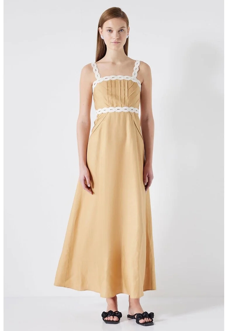 Rochie maxi din amestec de in cu croiala in A, Alb/Bej