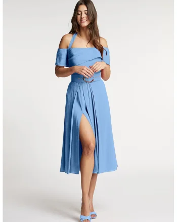 Rochie evazata din amestec de in cu slit lateral adanc Chimera