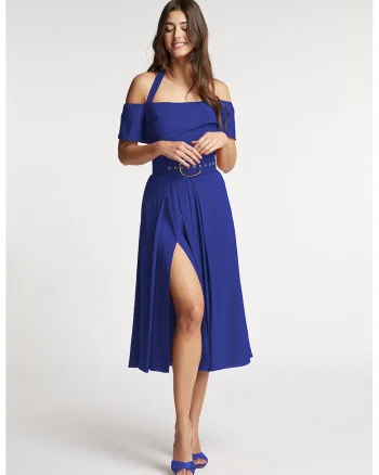 Rochie evazata din amestec de in cu slit lateral adanc Chimera