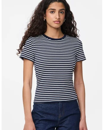 Tricou cu decolteu rotund si dungi, Alb/Bleumarin
