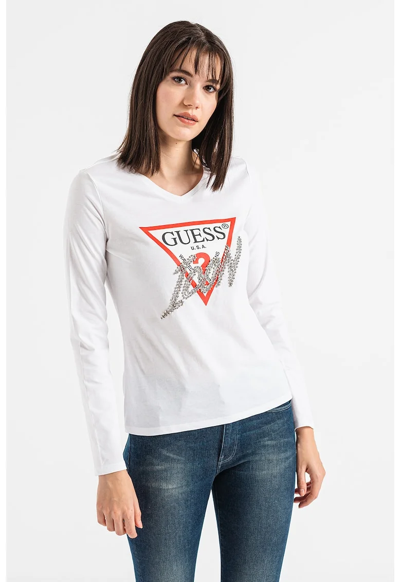 Bluza cu imprimeu logo si decorata cu strasuri, Alb/Argintiu
