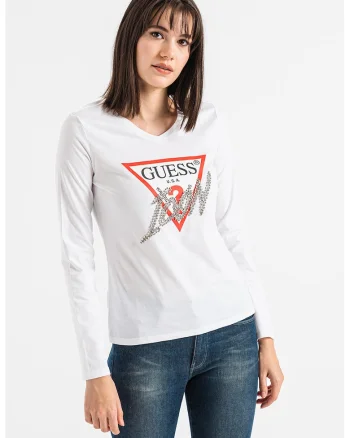 Bluza cu imprimeu logo si decorata cu strasuri, Alb/Argintiu