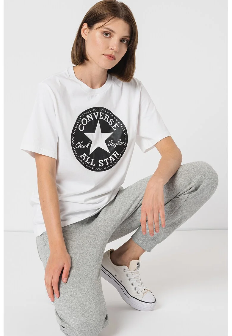 Tricou regular fit unisex cu imprimeu logo, Negru/Alb murdar