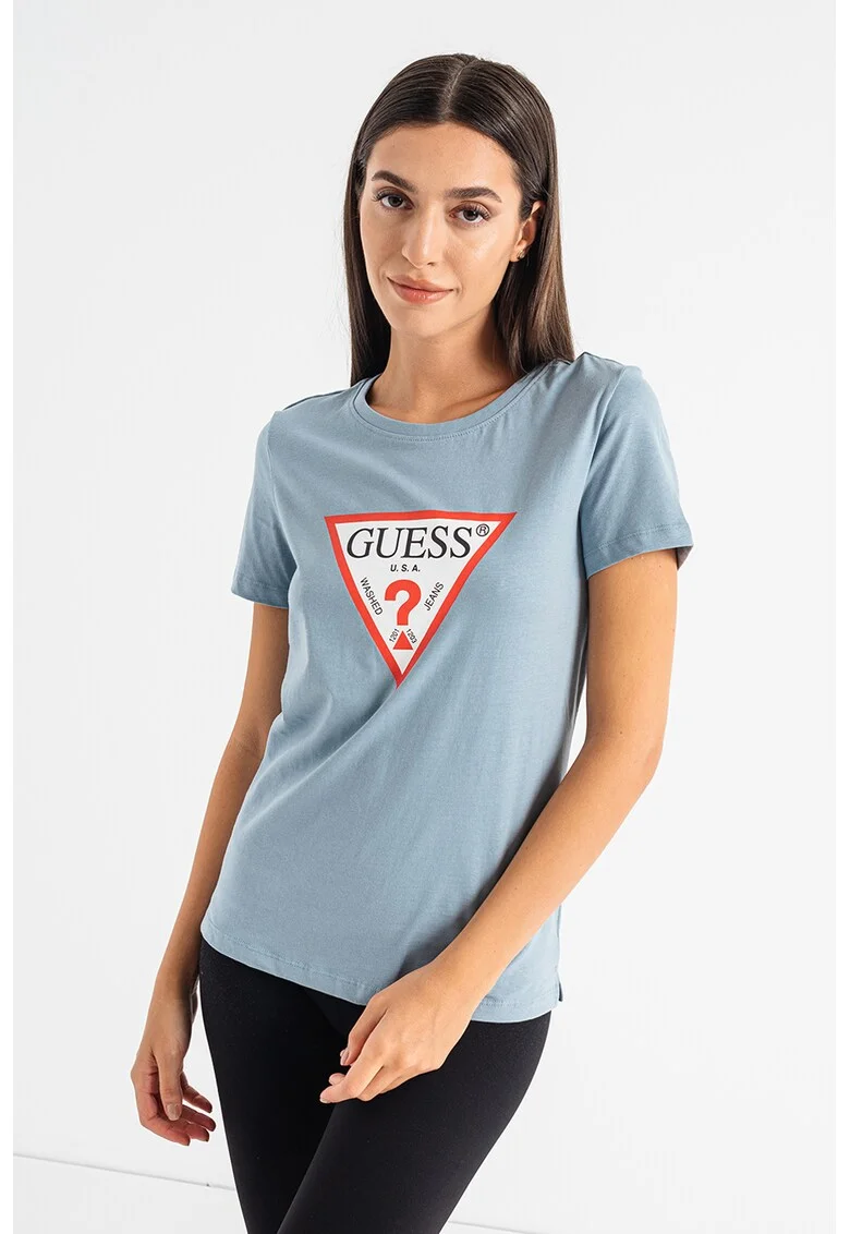 Tricou de bumbac cu imprimeu logo, Alb/Albastru pastel