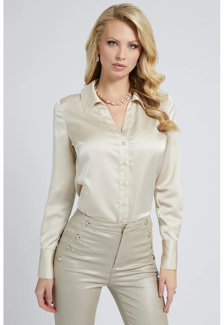 Camasa de satin cu cordon in talie, Alb fildes