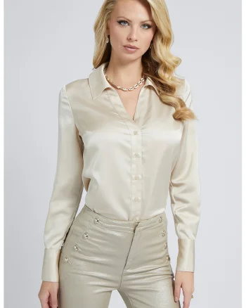 Camasa de satin cu cordon in talie, Alb fildes