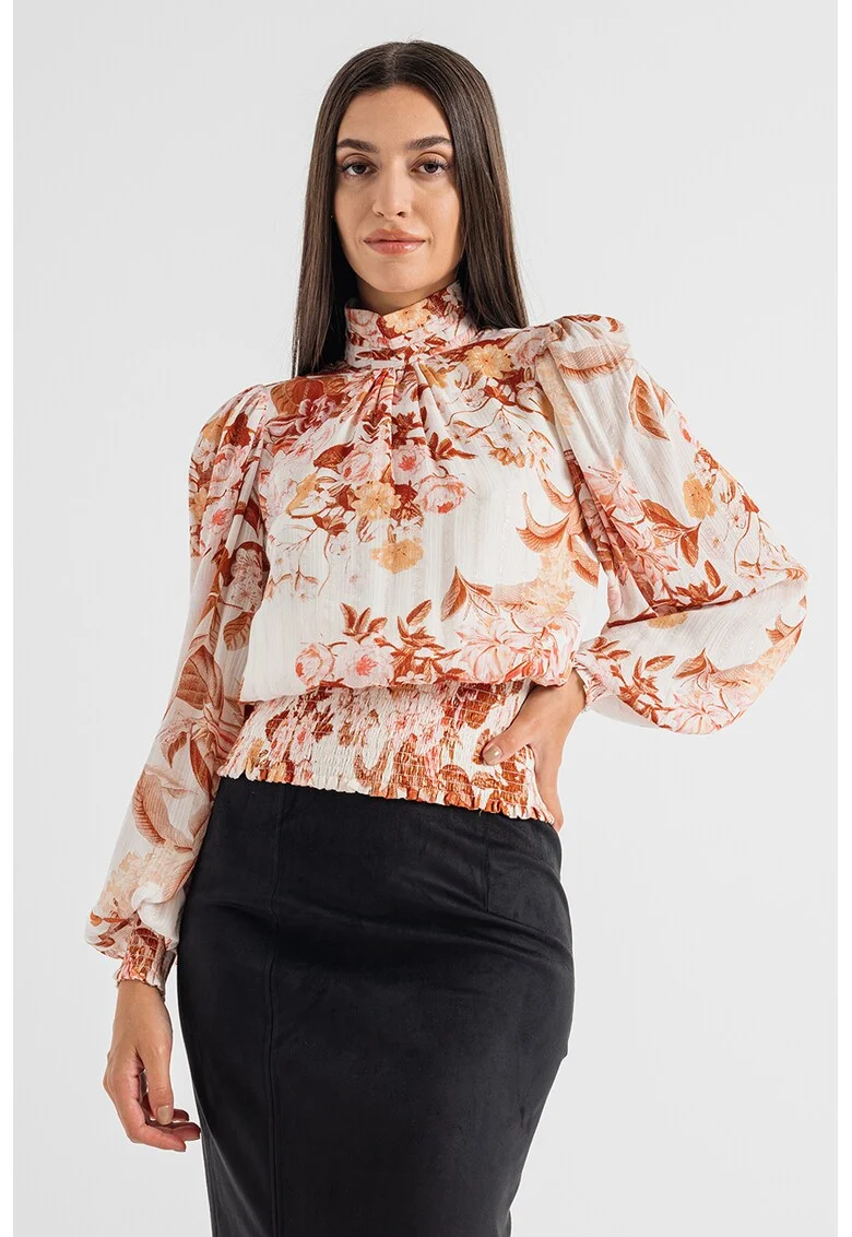 Bluza vaporoasa cu talie cu insertii elastice, Alb/Maro scortisoara
