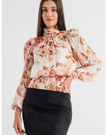 Bluza vaporoasa cu talie cu insertii elastice, Alb/Maro scortisoara