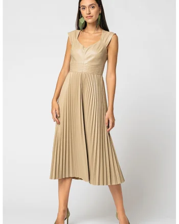 Rochie midi de piele ecologica si pliuri, Bej