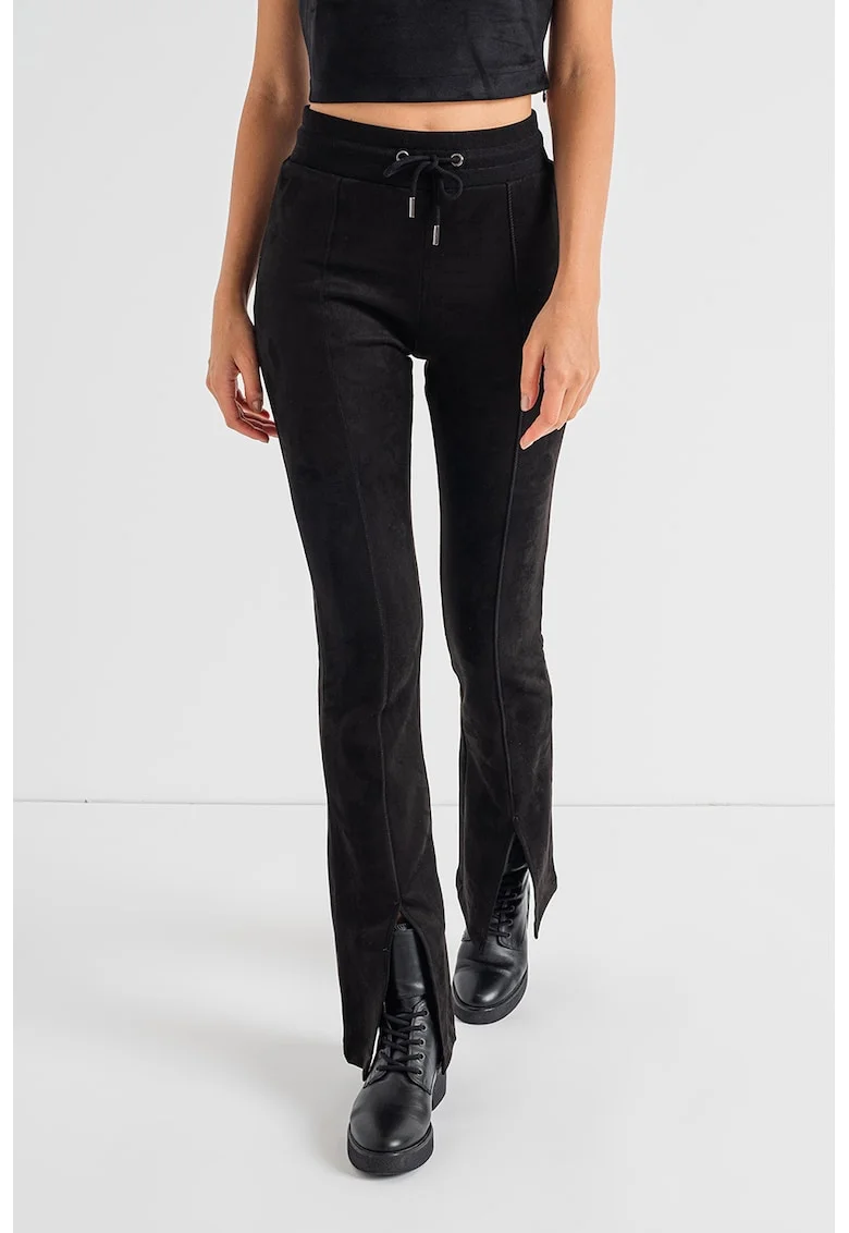 Pantaloni cu talie inalta de piele intoarsa sintetica, Negru
