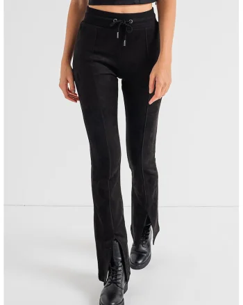 Pantaloni cu talie inalta de piele intoarsa sintetica, Negru