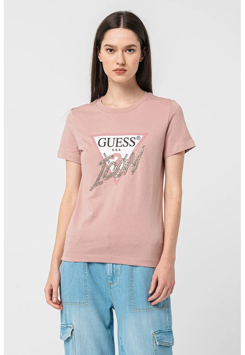 Tricou cu aplicatie logo cu strasuri, Roz
